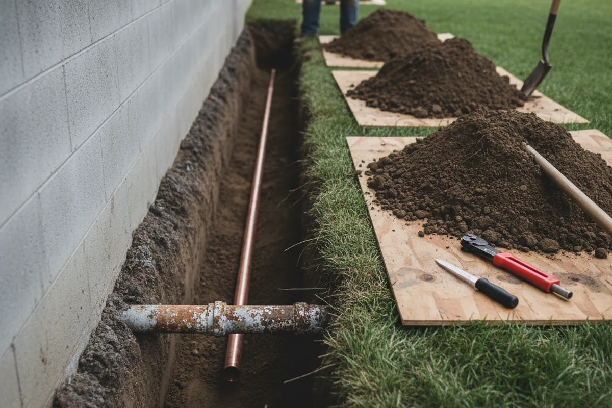 Excavated water line trench during Sewer Line Repair in High View
